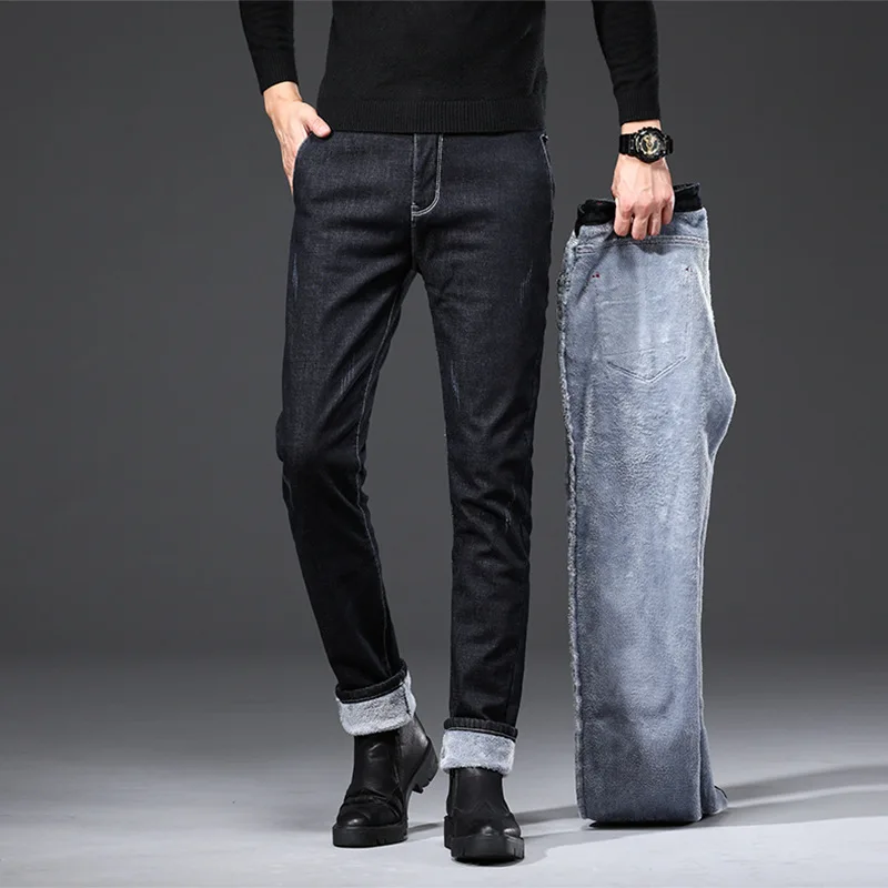 

High Quality Felt Jeans Men Thick Straight Elastic Autumn Winter Warm Slim Denim Pants