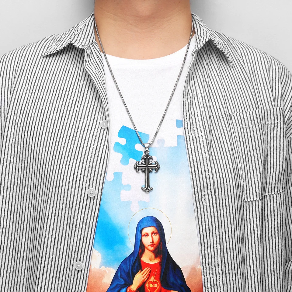 Collana Uomo E Donna Con Croce Gotica Vintage In Acciaio Inox - Ciondolo Grande Punk Hip Hop - Regalo Originale