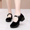 Women Shoes Black Velvet Pumps Buckle Strap Mary Jane Heels Lady Platform Block Heel Work Shoes Casual Walking Dance Cloth Shoes 2