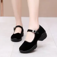 Women Shoes Black Velvet Pumps Buckle Strap Mary Jane Heels Lady Platform Block Heel Work Shoes Casual Walking Dance Cloth Shoes 2