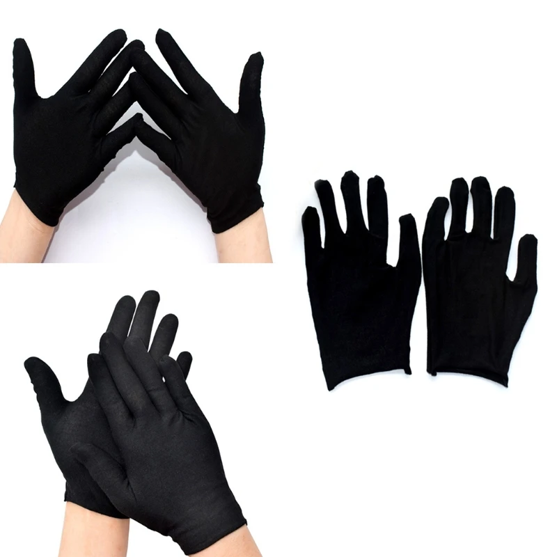 12 Pairs Black Cotton Full Finger Working Gloves Formal Dress for Parade Jewelry Inspection Protective Stretcahble DropShip