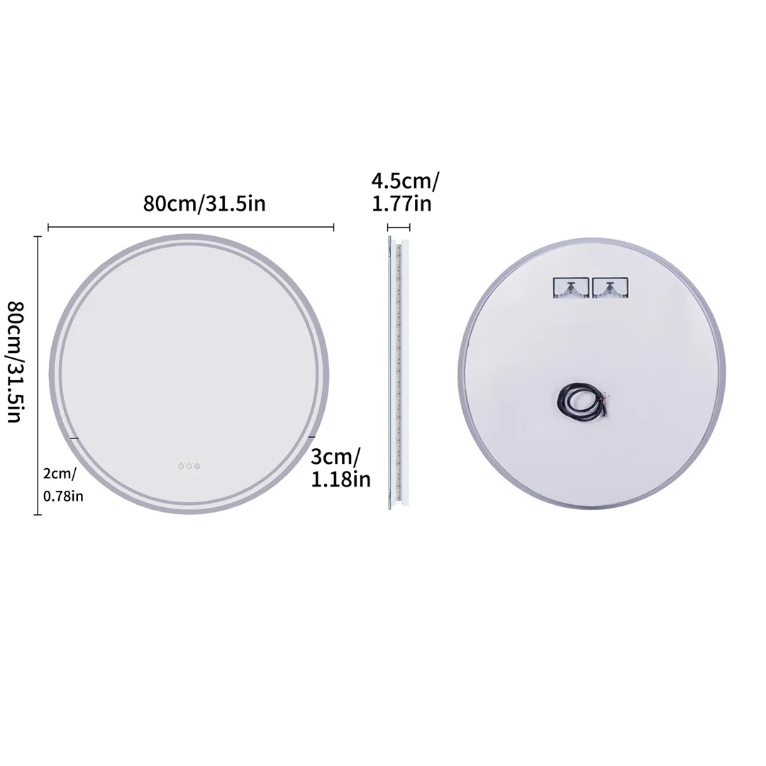 LUVODI 80cm Round Large LED Bathroom Mirror Backlit Built-in Touch On/Off Dimming Anti-fog Wall Mounted Mirror 6
