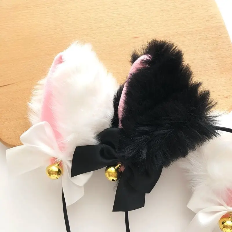 Faux Fur Cat Ears Headbands With Bells Black Bow Choker
