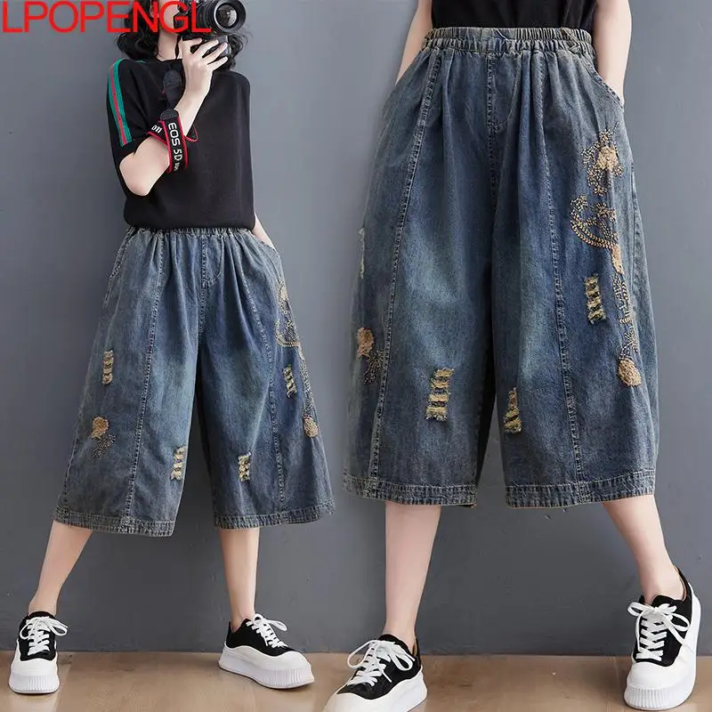 New 2022 Summer Streetwear Womens Vintage Ripped Jeans Holes Blue Denim Shorts Ladies Elastic Loose Thin Straight Wide Leg Pants