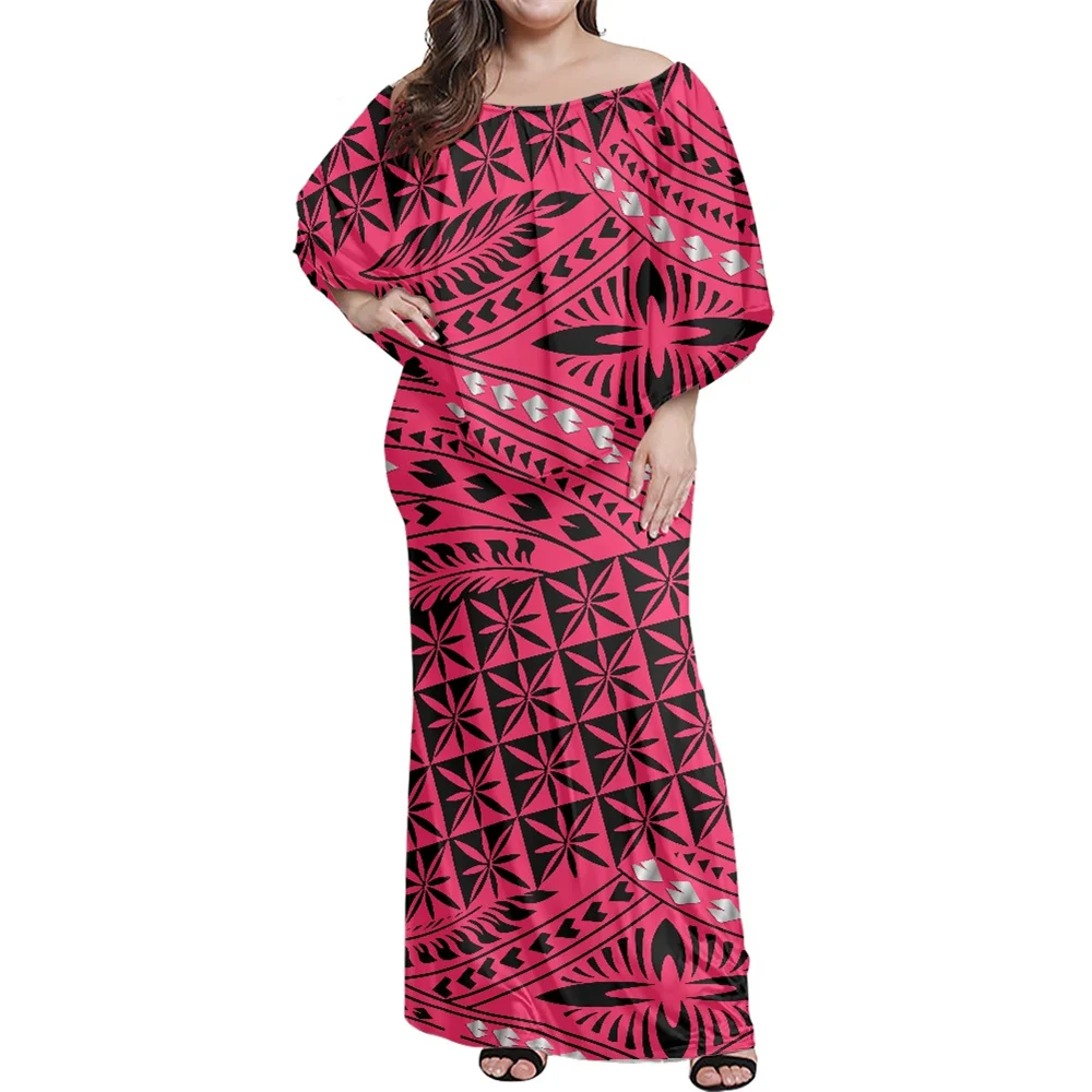 

Maxi Formal Shawl Ruffle Dress Polynesian Tribal Clothing Samoan Pink Tapa Flower Print Custom Women Party Elegant Hawaiian Fiji