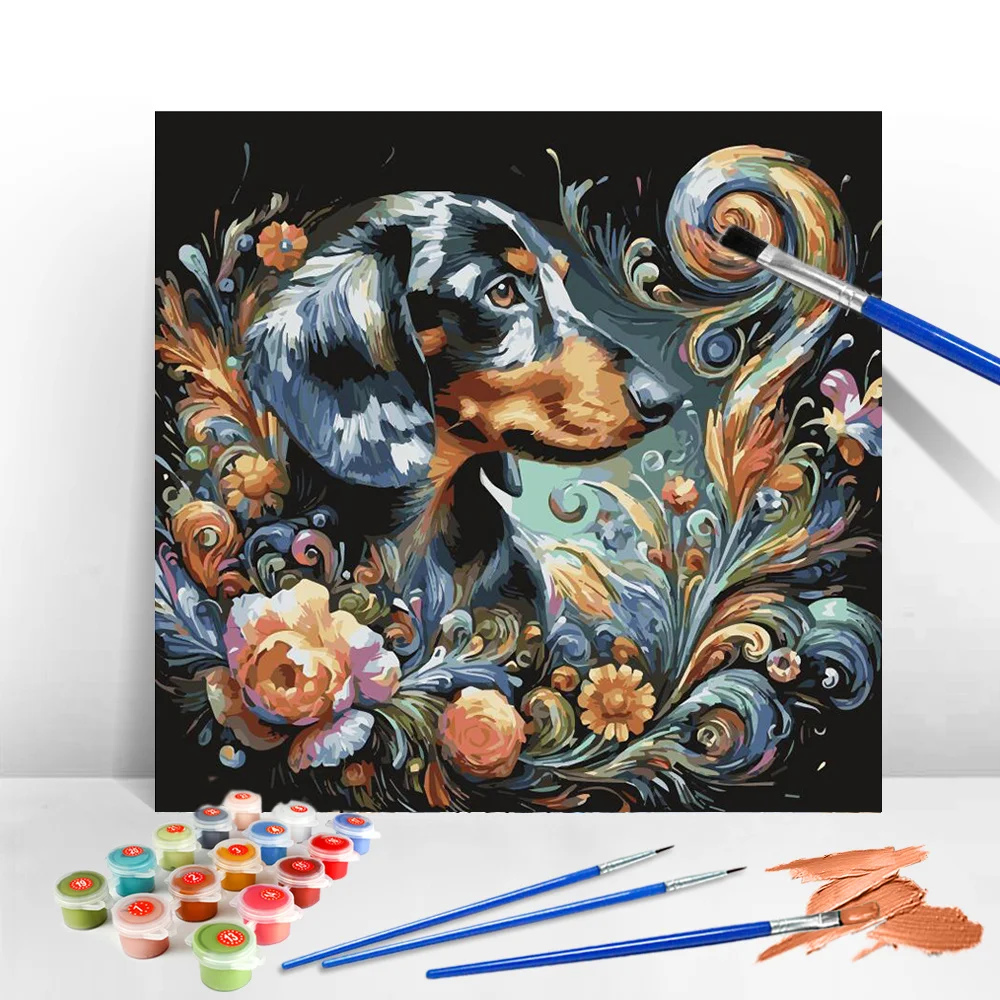 DIY Drawing By Numbers Dachshund Fantasy Oil Painting By Numbers Dog Animal Acrylic Paint Flower Handmade Home Decoration Gift