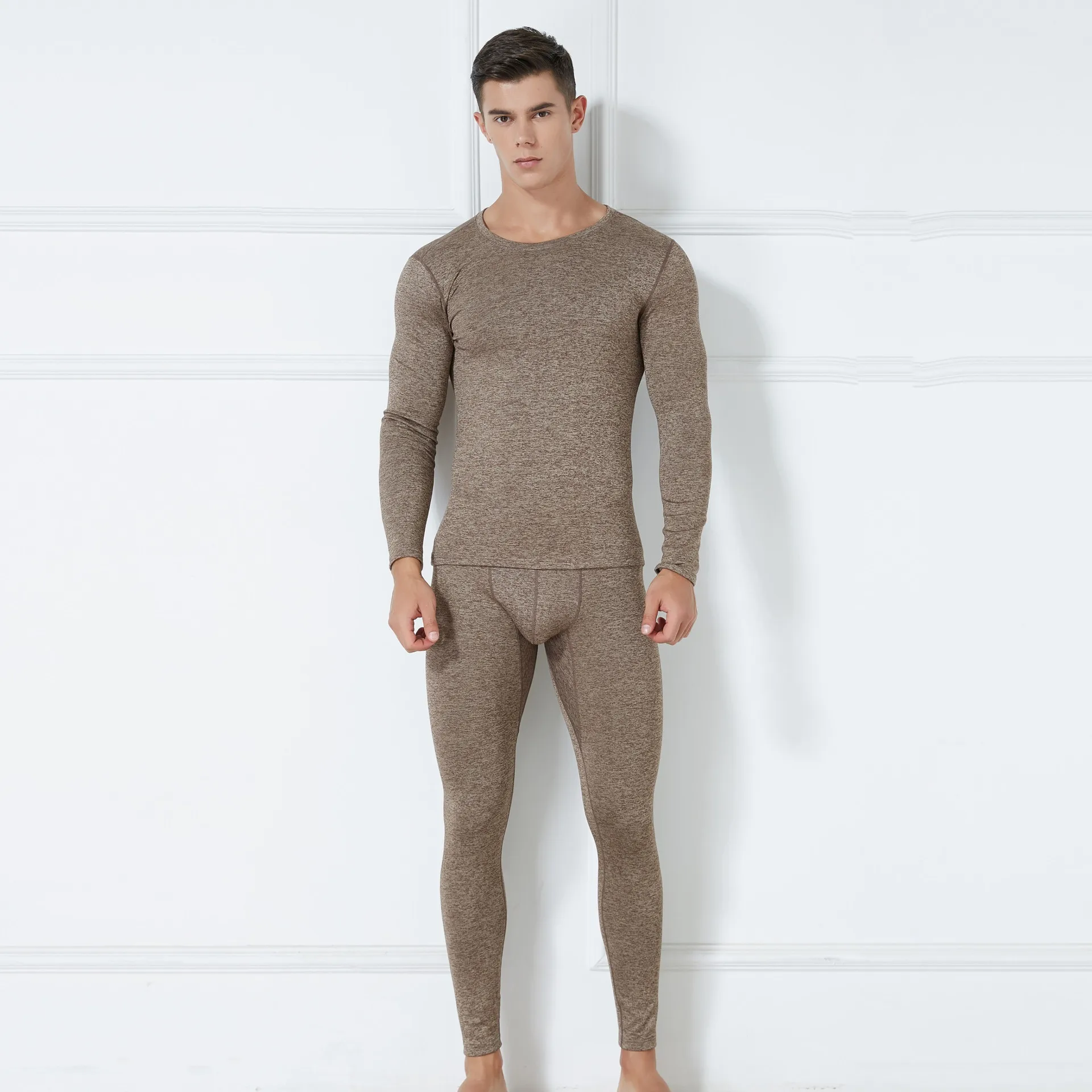 Set Autumn Winter Thermal Underwear Men's Round Neck Plush Thickened Warm Underwear Youth Tight Fashion Clothe Top and Pant Suit