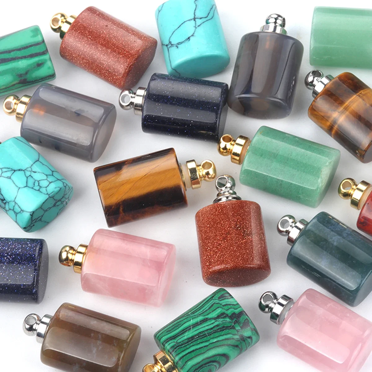 5PCS Natural Stone Charm Elliptic Cylinder Crystal Pendant Perfume Bottle Essential Oil Diffuser Pendant Accessory DIY Necklace