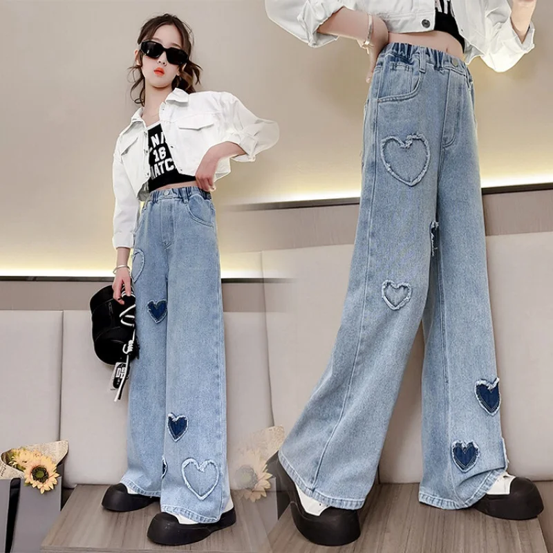 Girls Spring Autumn Straight Jeans Heart Embroidery Button Flywide-Leg Trousers For Girls Childern Loose Breathable Pants 6-15y