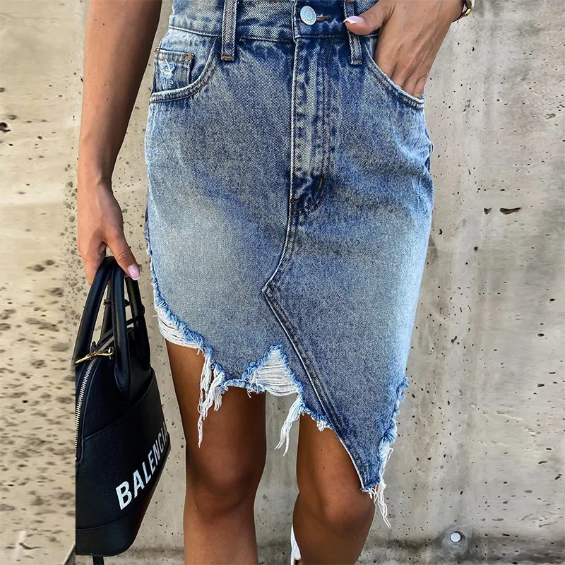 Streetwear High Waist Washed Irregular Denim Skirt Summer Female Vintage 90s Tassel Denim Skirts Elastic Bodycon Hip Jeans Y2k