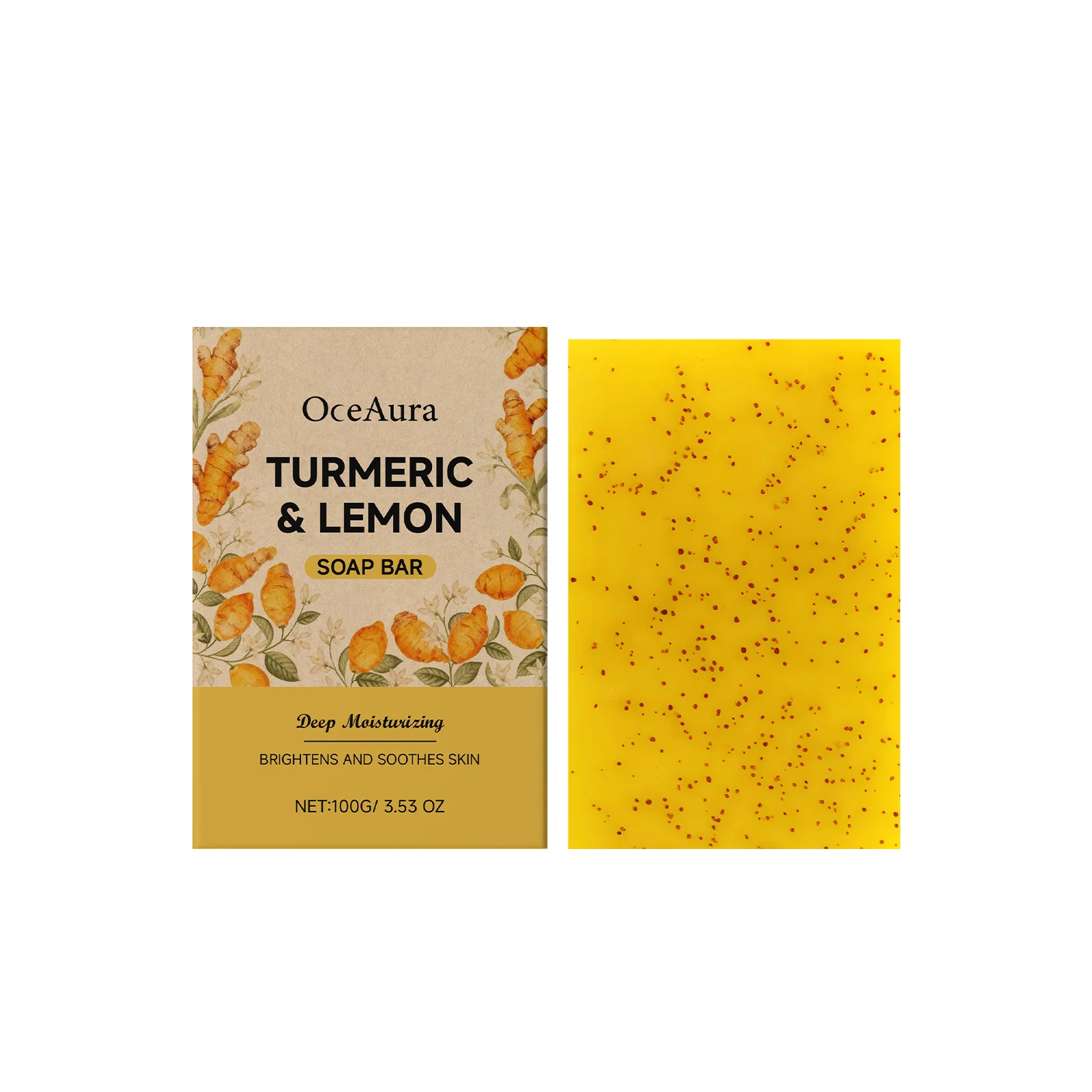 Turmeric & Lemon Cleansing Soap: Gently cleanses the skin, suitable for full-body use, and leaves a lasting fragrance.