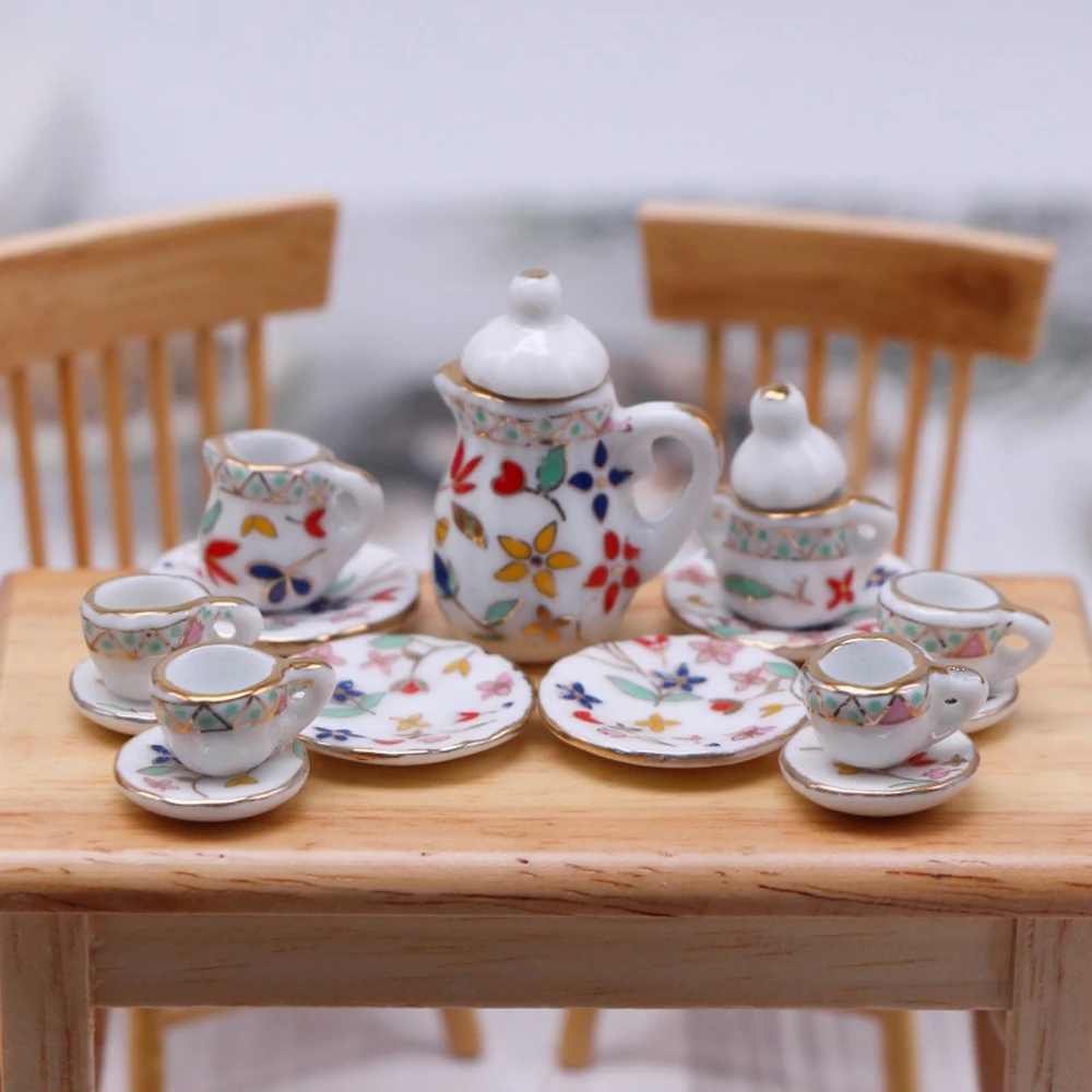 

15 Pieces Mini Ceramic Tea Set 1:12 Dollhouse Kitchen Miniature Porcelain Set Tableware Porcelain Ceramic Tea Cup Set
