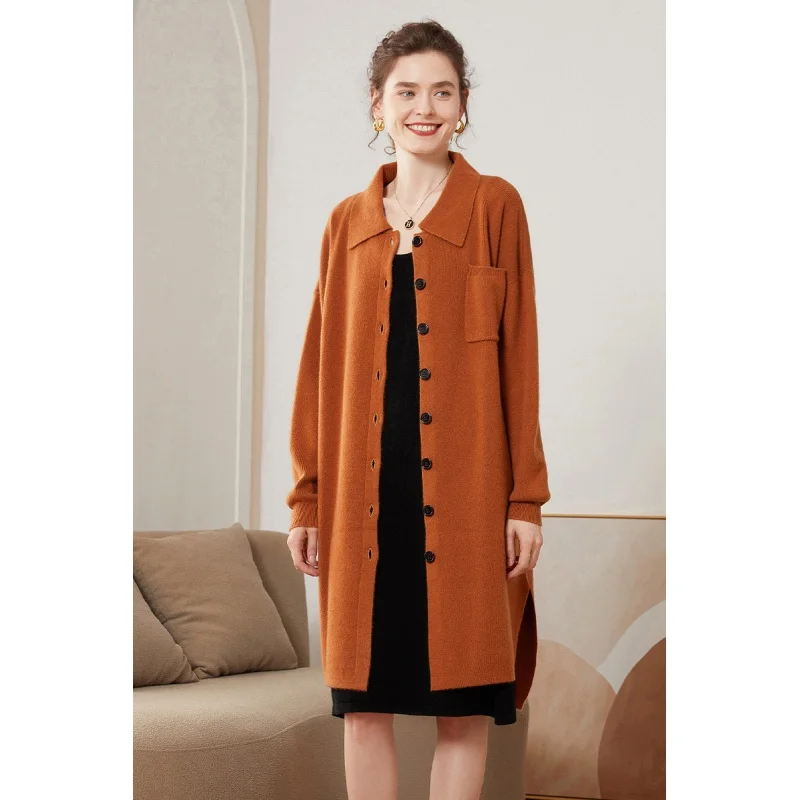 

Pure Cashmere Knitted Cardigan Women's Mid-Length Loose-Fitting Long Sleeve Sweater Coat Korean Style Slimming