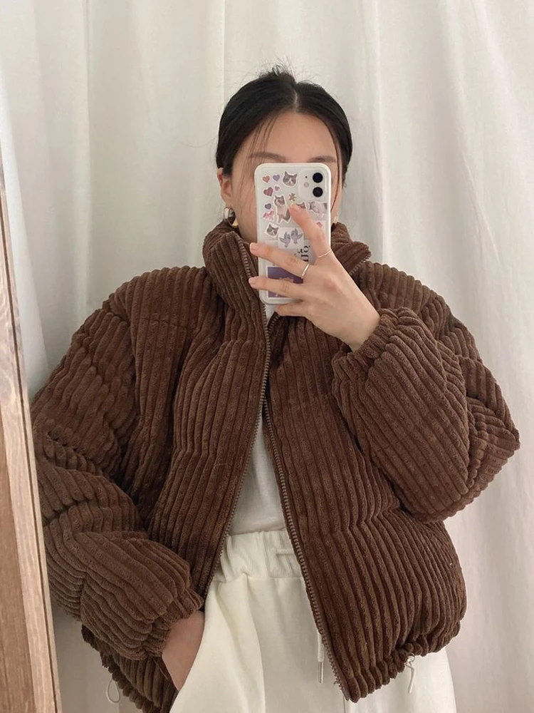 숏다운패딩  Jmprs Simple Thick Corduroy Puffy Coat Women Fashion Solid Short Parkas Casual Winter Warm Female Cotton Down Zipper Jacket Chic 