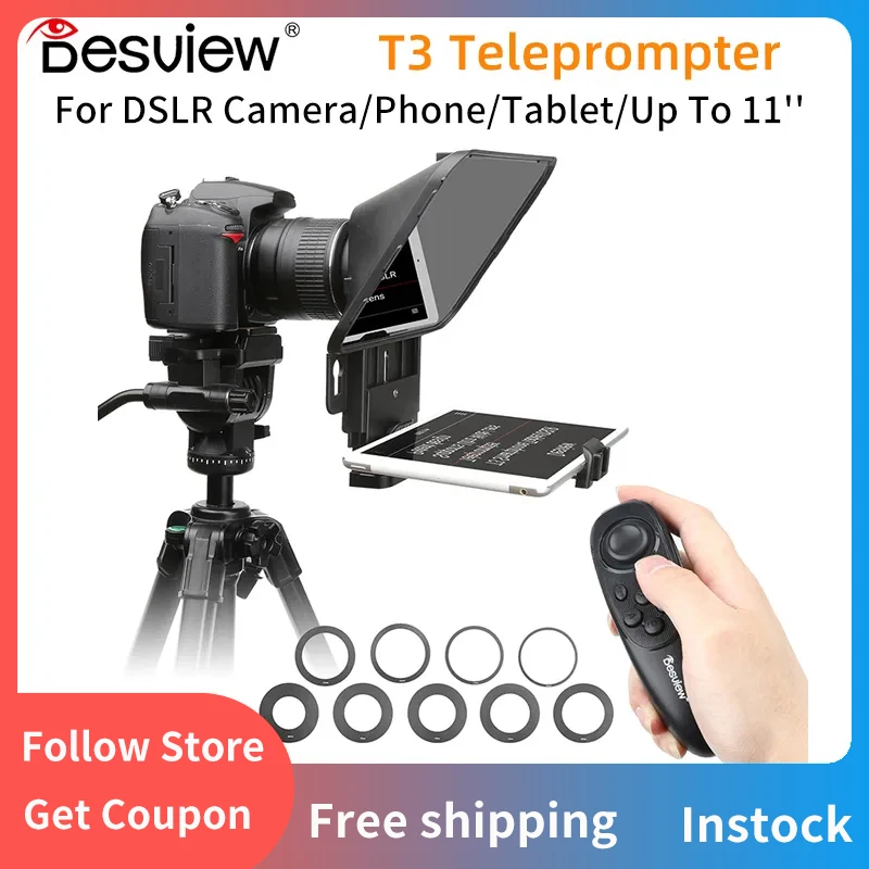 Desview T3 3 세대 텔레프롬프터, DSLR 카메라, 휴대폰, 태블릿용, 최대 11 인치 렌즈 장착, 리모컨 경량