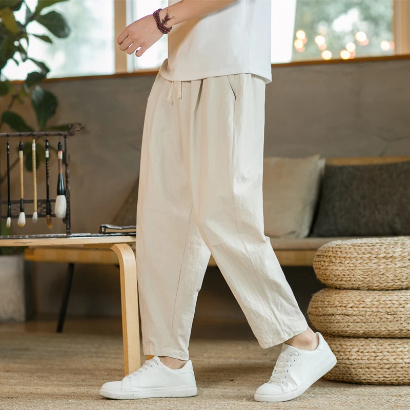 Men' Trousers Cotton Linen Pants Solid Color Breathable