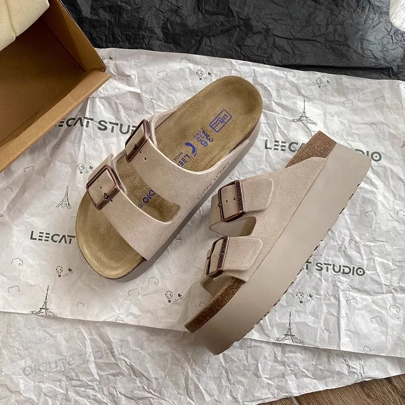 2024 Summer Women's Thick Sole Genuine Leather Buckle Slides Birken Style Beach Outdoor Wear Slipper Casual Walking Shoes