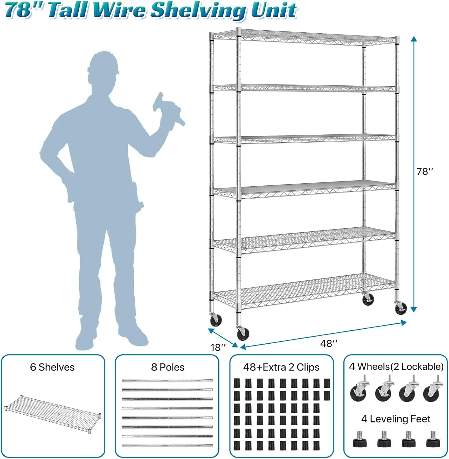 Storage Shelves Metal Wire Shelving Unit with Wheels, 6000LBS Weight Capacity Heavy Duty NSF Height Adjustable Garage She 3
