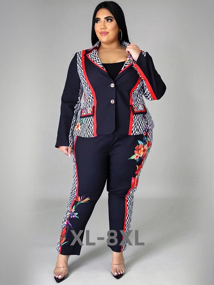 

Женская одежда, комплект из двух предметов, топ и брюки, Элегантный женский офисный костюм с длинным рукавом, блейзер, большие размеры 3xl, 4xl, 5xl, 6xl
