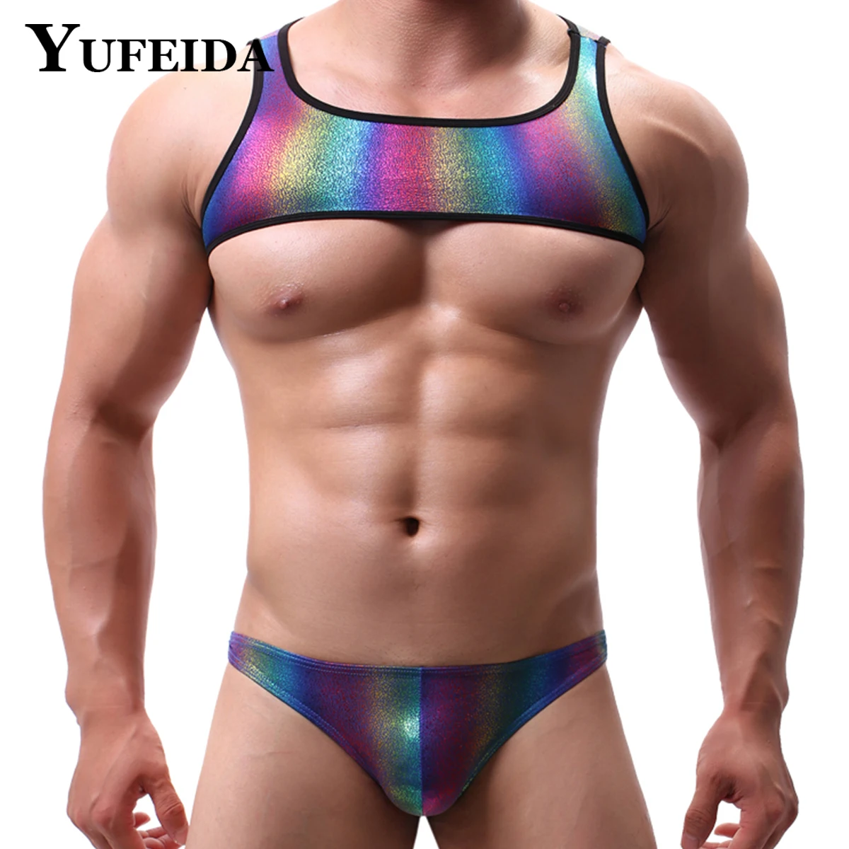 Yufeida Men Undershirts Set Sexy Leather Chest Muscle Harness Top Slip Set Sportwear Maschile Fitness Gym Cropped Tank Top Suits