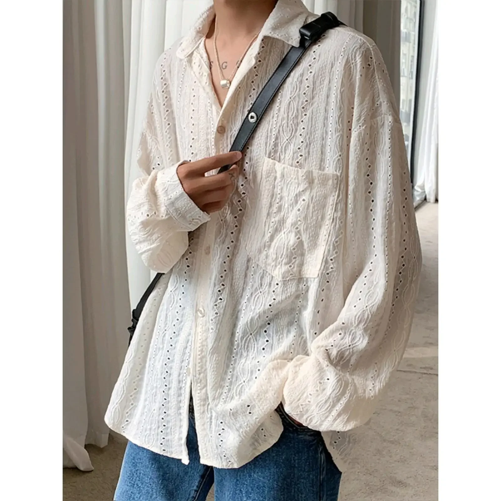 Luxury Niche Hollow Design Sensibility Shirt Men’s Trendy Ins Casual Vest Loose Fit Long Sleeve Tweed Style Jacket