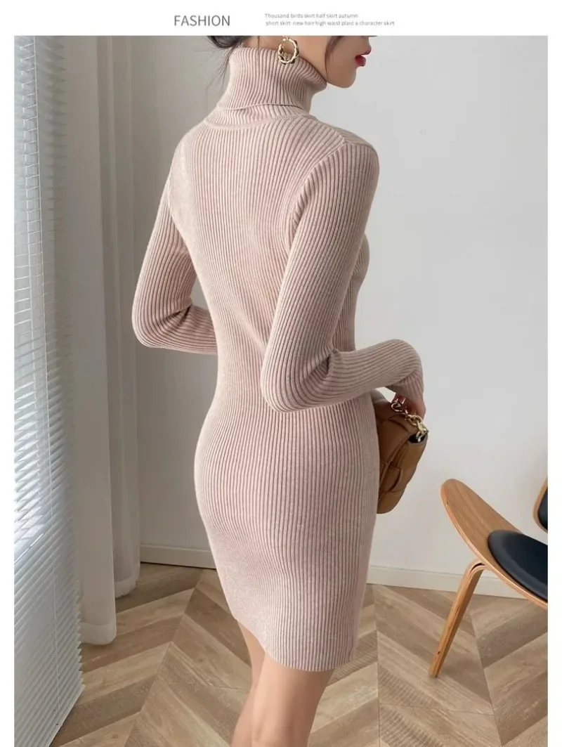 Herbst Neue Koreanische Rollkragen Gestrickte Kleid Reine Farbe Bodycon Pullover Kleid Büro Dame Pullover Lässig Elegante Strickwaren Jumper – Detail 5