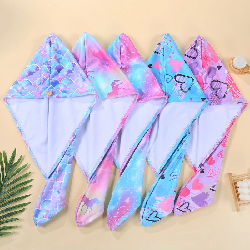 Kid 2-16Year Rapid Dry Hair Towel Microfiber Mermaid Pattern Anti Frizz Dry Hair Bath Cap Towel Quick Teen Girl Beach Shower Cap