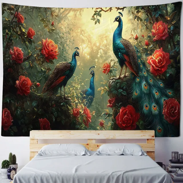 Tapisserie d'art d'oiseau de la jungle, scène psychédélique, décoration de maison, tenture murale Hippie Boho, décor de pièce esthétique, décor mural de maison, tapis de Yoga 5