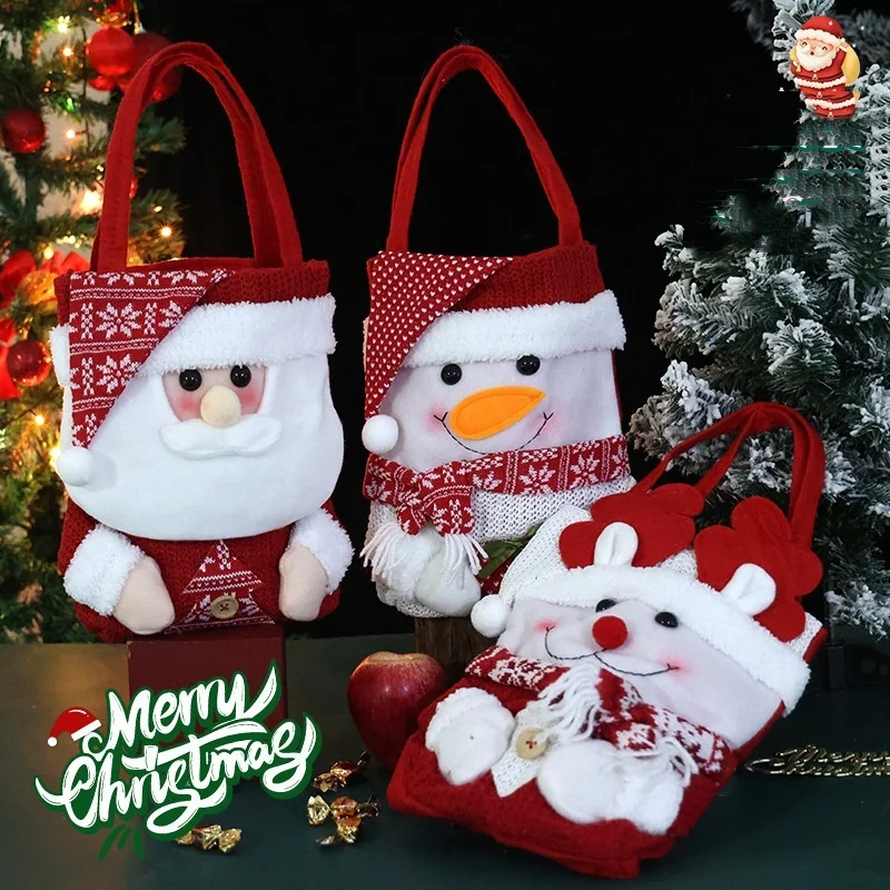 New Year Christmas Gift Bag Flip Hat Cartoon Santa Claus Snowman Candy Bags Knitted Velvet Handbag Children Storage Tote Bag