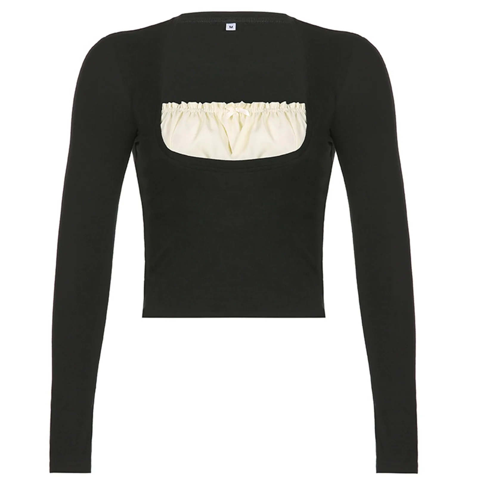 

Women Pure Cute Square Neck Lace Collar Tops Ruched Patchwork T-Shirt Fashion Long Sleeves Slim Fit Shirts Streetwear for Jeans