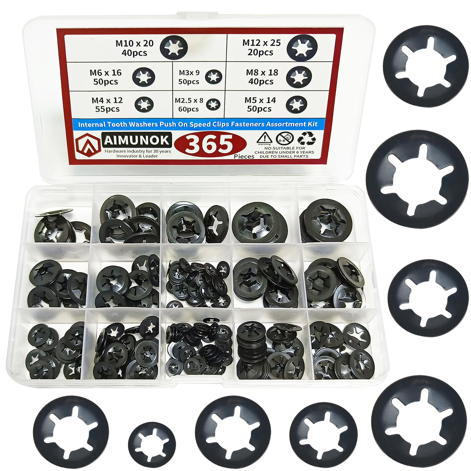 365PCS Internal Tooth Starlock Washers, 8 Sizes Push On Speed Clips Fasteners Assortment Kit, 65 Mn Steel Black Oxide Finish
