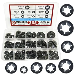 365PCS Internal Tooth Starlock Washers, 8 Sizes Push On Speed Clips Fasteners Assortment Kit, 65 Mn Steel Black Oxide Finish