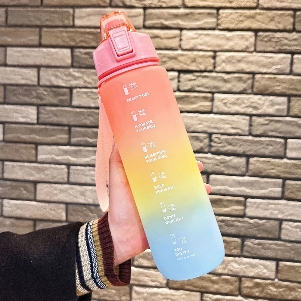 

YCONTIME 1L Portable Gradient Sports Water Bottle Time Marker Leak-Proof Frosted For Outdoor Fitness Drinking Bottles With Straw