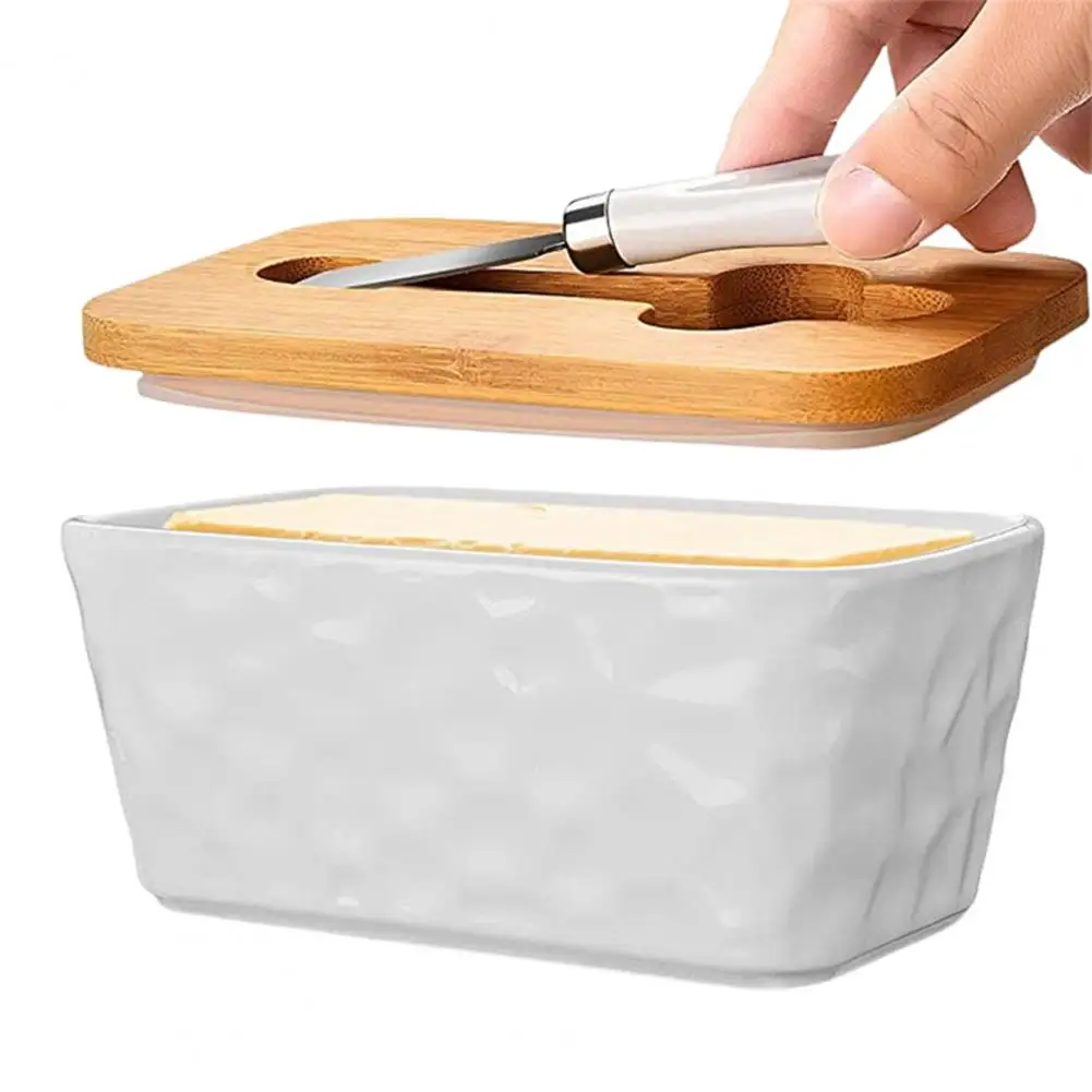 Ceramic Butter Dish Capacity Butter Pan Elegant Ceramics Dish with Wooden Lid Stainless Steel Cutter Capacity for Kitchen
