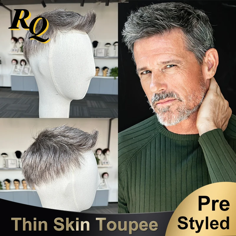 Pre Cut Styled Toupee Hair Men Thin Skin V Looped Human Hair Replacement System For Man 1B40 Hair Piece Protesis Hombre Male Wig