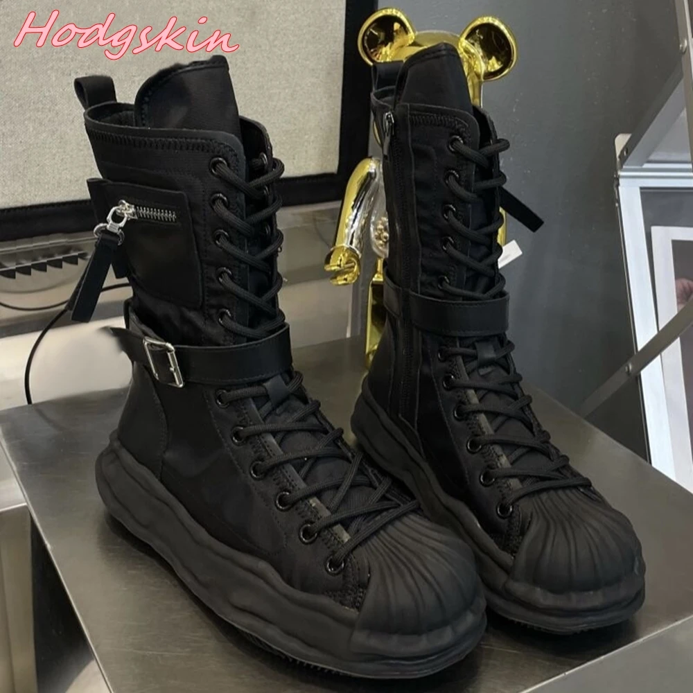 

2024 Round Shell Toe Women Boots Solid Splicing Side Zipper Mid Calf Boots Newest INS Style Cool Girl Fashion Thick Sole Boots