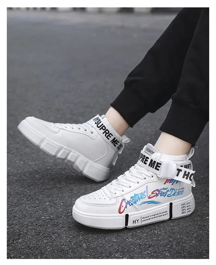 

Men's Spring Autumn Leather Sports Casual Shoes Lovers High Top Thick Bottom Breathable Comfortable Printing Fashion Boad Shoe