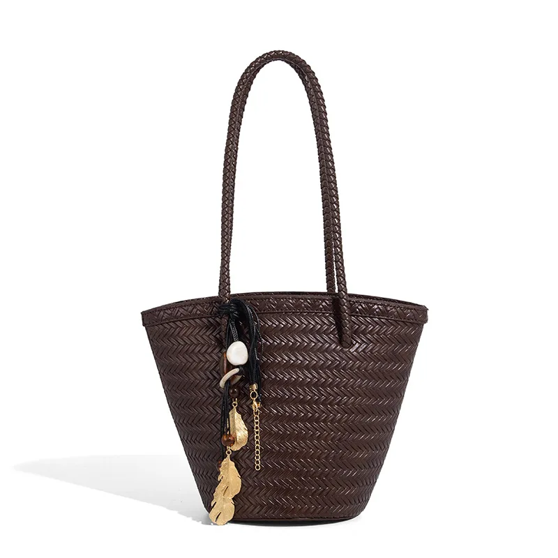 Vintage pu Leather Hand Bags Tote Top Quality Women Weave Basket Shopping Bags Travelling Beach Hobos Handbag