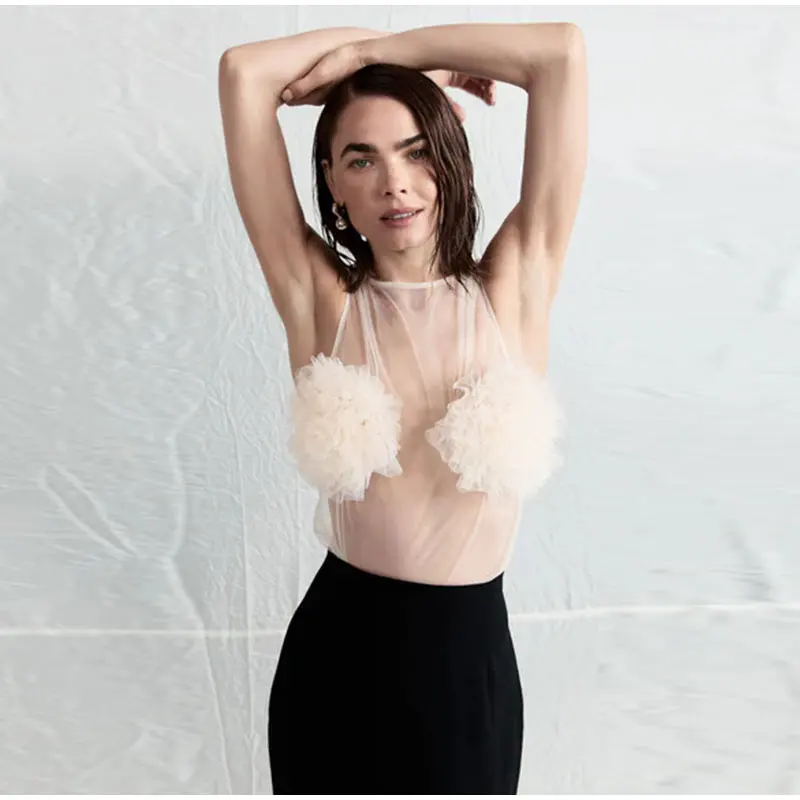 Sexy Mesh Hollow Out Vests Women Vintage 3D Flowers Sleeveless Solid Smock Vest Top Female Spring Elegant Chic Street Tops