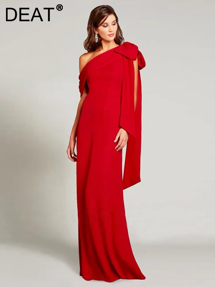 

DEAT Women's Fashion Evening Dress Diagonal Collar Patchwork Bow Solid Color Elegant Party Dresses Summer 2024 New 13DB3038