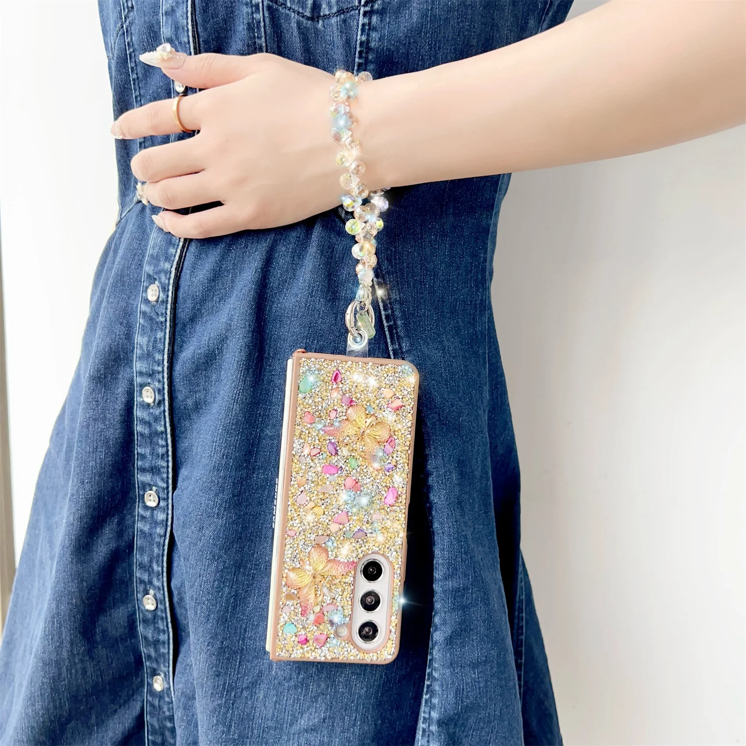 Full Diamond Glitter Shockproof Case with 3D Colorful Gem Butterfly and Strap