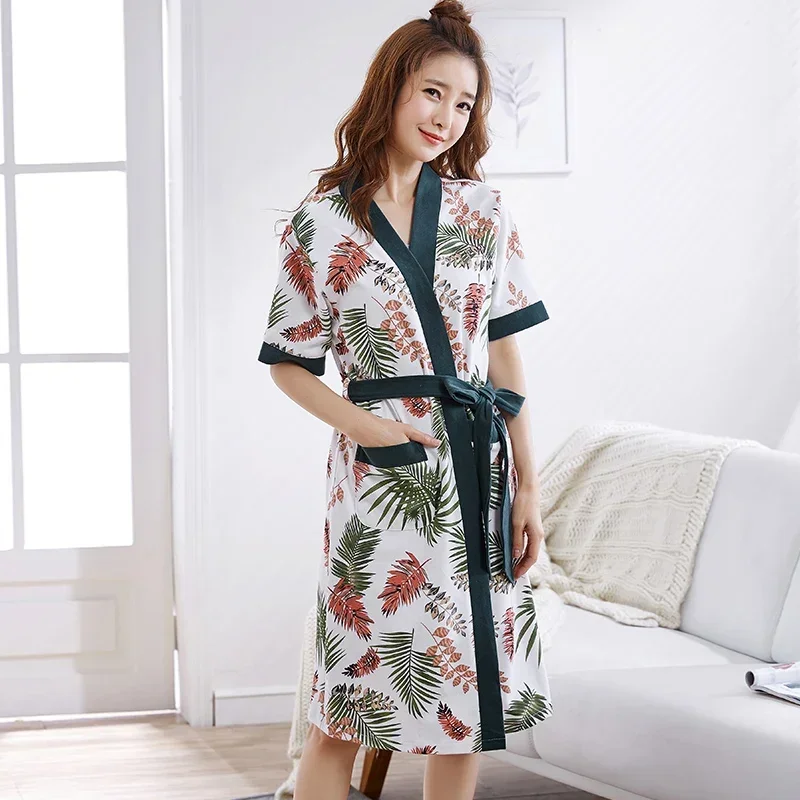 

Summer Autumn 100% Cotton Women Robes Kimono Nightgown Casual Sleeprobe Loose Large Size Home Bathrobe Lady Dressing Gown Robe