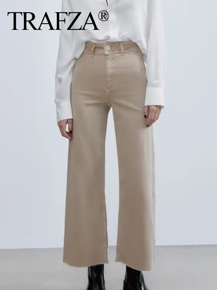 

TRAFZA 2023 Women Straight Baggy Long Pants Elegant Pocket Casual Trousers Streetwear Female Solid Color Wide Leg High Waist