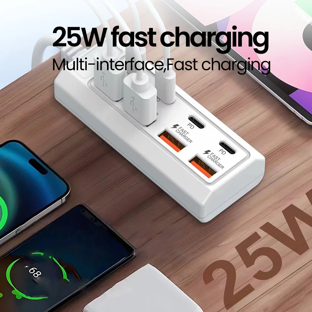8 in 1 USB Charging Station 25W PD Type C Power Strip Multi Port Desktop HUB Phone Adapter For iPhone 16 Samsung Xiaomi Huawei
