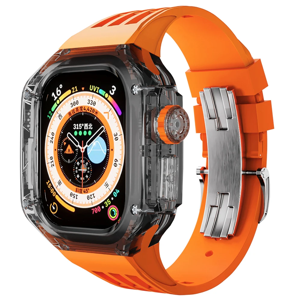 애플 워치 밴드용 투명 케이스 개조 키트, 고무 팔찌 스트랩, iWatch 8, 7, 6, 5, 4 SE 키트 벨트, 45mm, 44mm