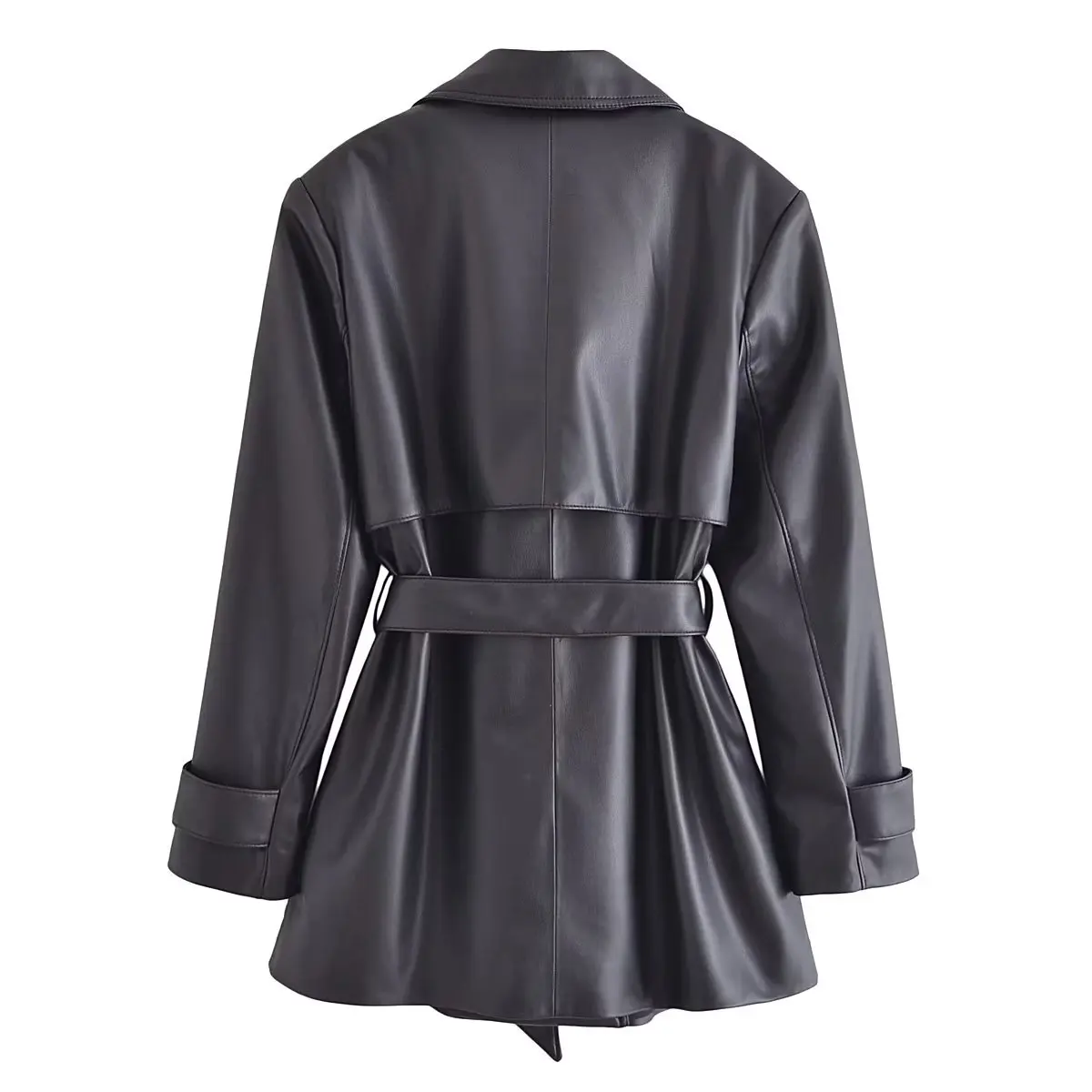 Dave&Di Autumn WInter French Fashion Blogger Retro Splicing  Suit With Waisted Leather Casual Leather Jacket Women