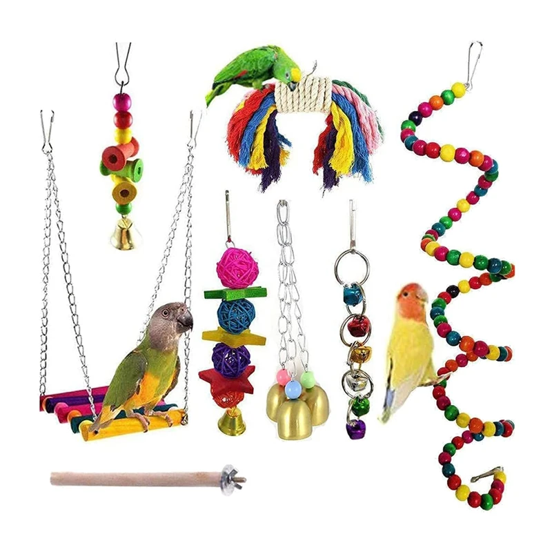 Bird Parrot Toys 8 Pieces, Parrot Chewing Toys Bird Cage Accessories