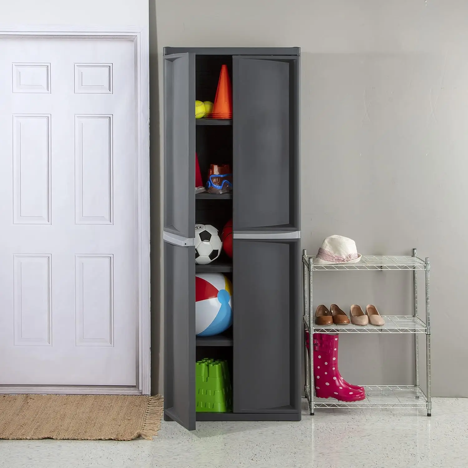 4 Shelf Cabinet, Plastic Organization Storage Unit, Organize Bins in the Garage, Basement, Attic, Mudroom, Gray, 1-Pack 3