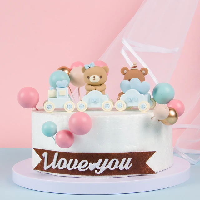 Décoration de gâteau d'anniversaire, 1 ensemble, rose et bleu, ours en  forme de Train, poupée, ornement, garçon et fille, pour premier anniversaire,  fournitures pour réception-cadeau pour bébé - AliExpress