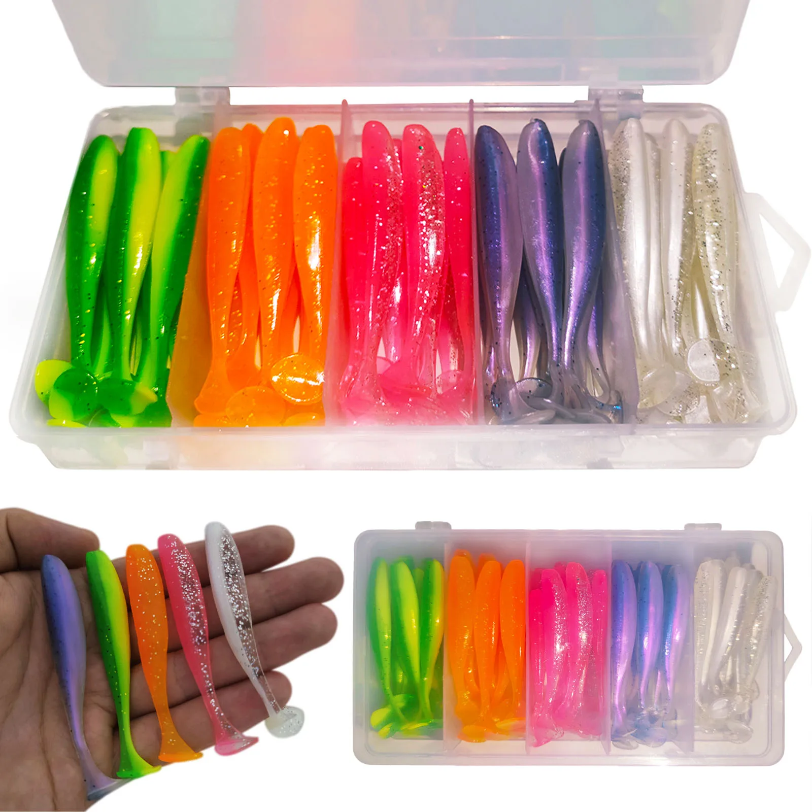 60PcBox7cmSoftFishingLuresPlasticPaddleTailSwimBaitsKitfor